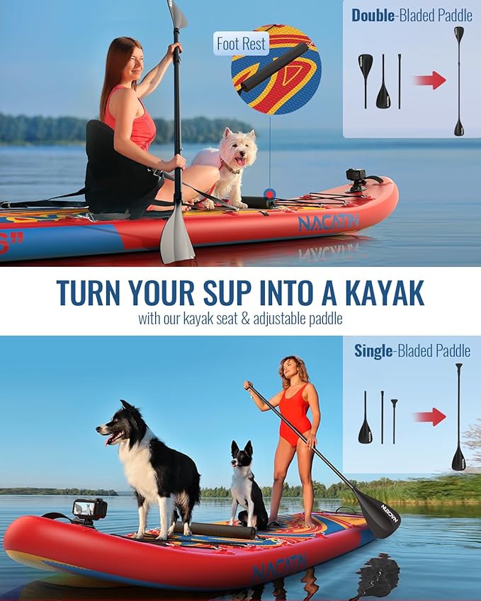 Inflatable Stand Up Paddle Board 12' with Kayak Seat & Dual Paddles – Premium SUP Board for Adults & Families Includes Kayak Conversion Kit, Pump, Leash & Accessories – Stable Wide Deck for Beginners