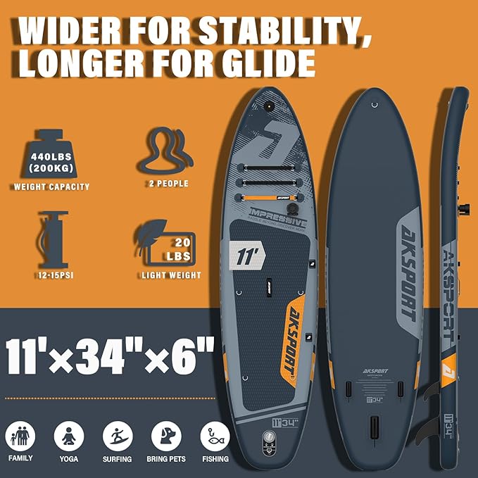 AKSPORT Inflatable Stand Up Paddle Board, SUP Board with All Accessories, Wide Stable Design, Non-Slip Deck, Inflatable Paddle Boards for Youth & Adult