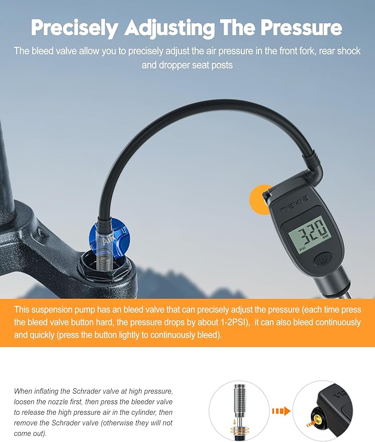 Tiakia High Pressure Shock Pump with Digital Pressure Gauge for Air Front Fork & Rear Suspension, Portable Bike Pump Aluminum Bicycle Tire Inflator Frame Pump Fit Schrader/Presta DH Bike