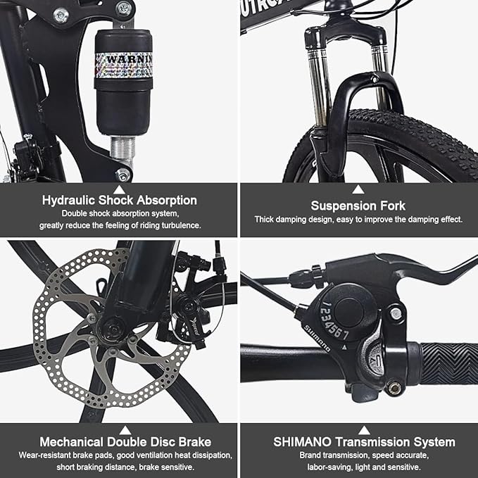 Outroad Folding Mountain Bike Foldable/Unfoldable Bike 26 Inch for Adult, 21-Speed Dual Suspension High-Carbon Steel MTB Foldable Bicycle, Dual Disc Brake Folding Bikes for Women and Men