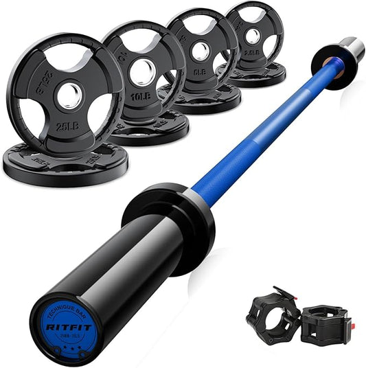 RitFit Barbell Weight Set - 4/6FT Olympic Barbell with Weight Plates (55-275LB Total) - Weightlifting Equipment for Squats, Curls, Deadlifts, Presses, Hip Thrusts