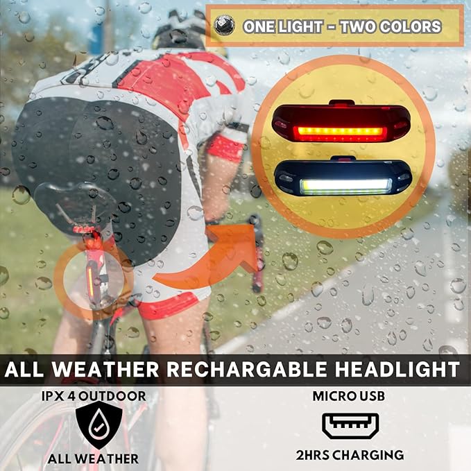 Ultra Bright Bike Taillight for Road and Trail Safety. 5 Modes Rechargeable Red White Led Light. Flexible Mounting for All Bicycles Styles, Scooter, ebikes and Helmet.