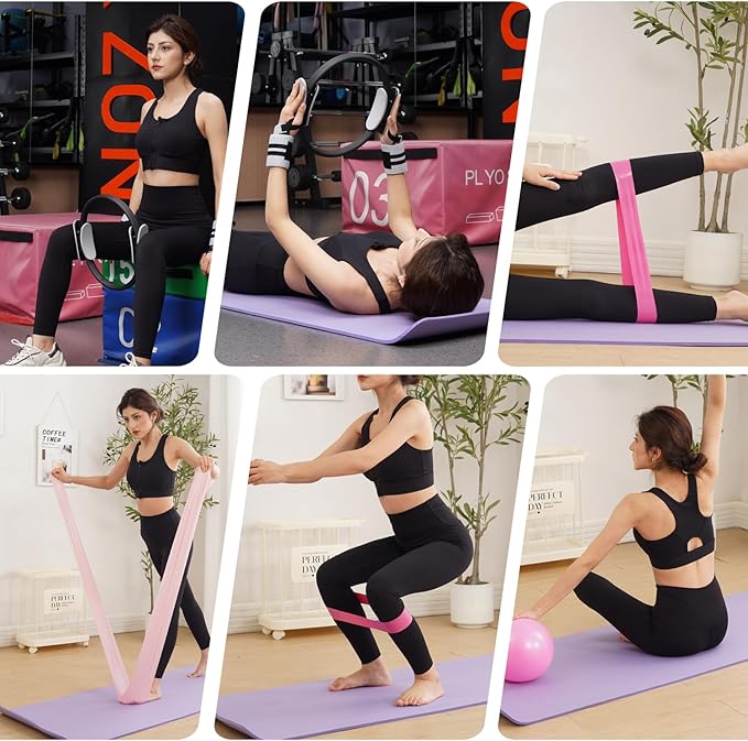 Pilates Ring Circle and Pilates Ball Set, 12 Inch&14Inch Magic Circle Pilates Ring,9 Inch Small Exercise Ball,Resistance Bands Set, Home Pilates Equipment for Women