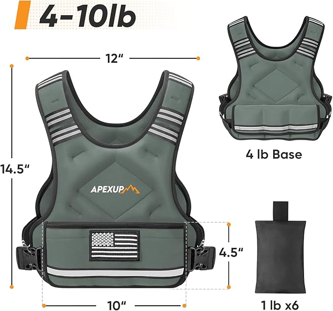 APEXUP Adjustable Weighted Vest, 4-10lb/12-18lb/20-32lb Vest with 6 Ironsand Weights and Large Pocket, Weight Vest for Men Women Strength Training, Running, Walking