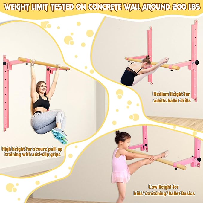 Wall Mounted Ballet Barre Adjustable Ballet Bar Foldable Dance Bar-Fully Adjustable -Solid Beech Wood Bar,Ballet workout Fitness Equipment Pull Up Stretch Never move