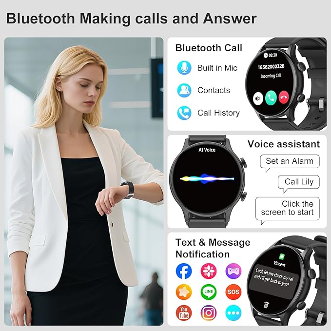 Smart Watch for Women, 1.77" Fitness Tracker with Heart Rate/Sleep/SpO2/Stress Monitor, Fitness Watch for Answer Calls, IP68 Smartwatch for iOS Android, Step Counter Watch, 123+ Sport Modes,2 Bands