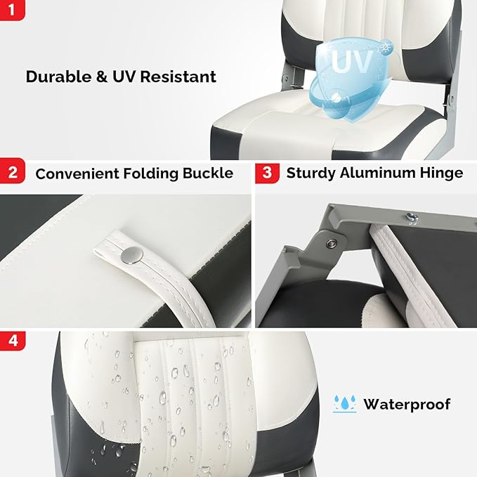 PEXMOR Boat Seats Low/High Back, Folding Boat Seat Included, Fold-Down Fishing Boat Seats Waterproof Captain Boat Seat w/Aluminum Hinges & Thick Soft Cushion, 2 Packs (Low Back-Grey & White)