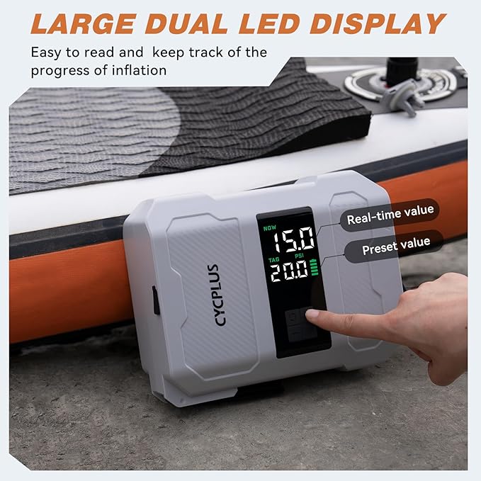 CYCPLUS 20PSI Rechargeable Paddleboard Pump - Intelligent Fast Dual-Stage Inflation, Deflation Function, Auto-Off &Dual LED Display, Suitable for Stand-Up Paddleboard, Inflatable Boat Tent Mattress