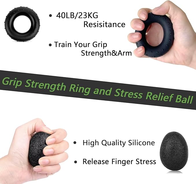 Grip Strength Trainer Kit (5 Pack), Grip and Forearm Strengthener, Finger Strengthener, Adjustable Resistance Hand Gripper, Grip Ring, Stress Relief Ball for Muscle Building, Injury Recover