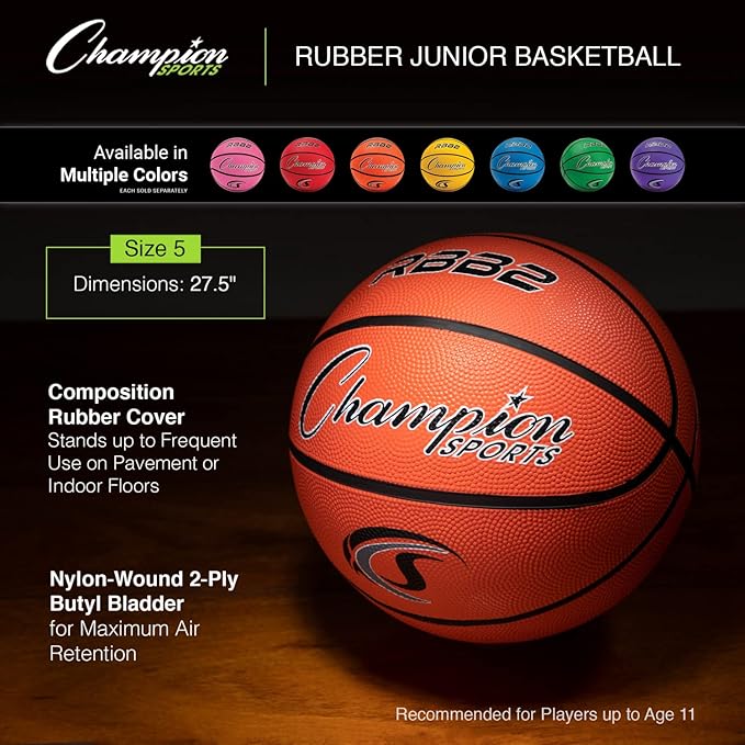 Champion Sports Rubber Basketballs – Heavy Duty Pro-Style, Indoor/Outdoor Use, Premium Basketball Equipment for Physical Education, Various Sizes & Colors (Size 3, 5, 6, 7)