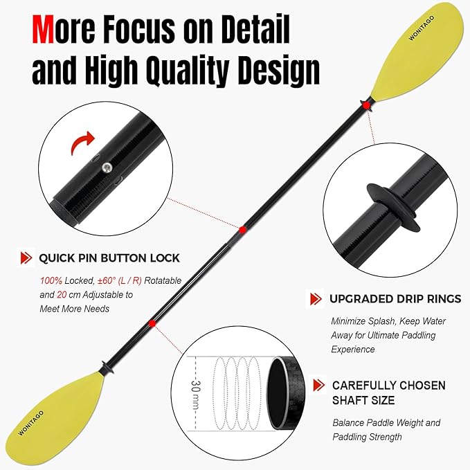 Kayak Paddle with Fiberglass Shaft and Reinforced Nylon Blade, Adjustable Kayaking Oars, 3 Piece, 230-250 cm/90-98 inches, 210-230 cm/82-90 inches