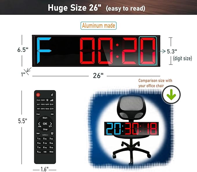 26'' Huge Home Gym Interval Workout Timer Clock, Digital Wall Clock with Seconds Countdown/up, Stopwatch, 8-Alarms, 7-Color Night Light for Tabata/HIIT/MIIT/EMOM/FGB/Boxing (Blue-Red)