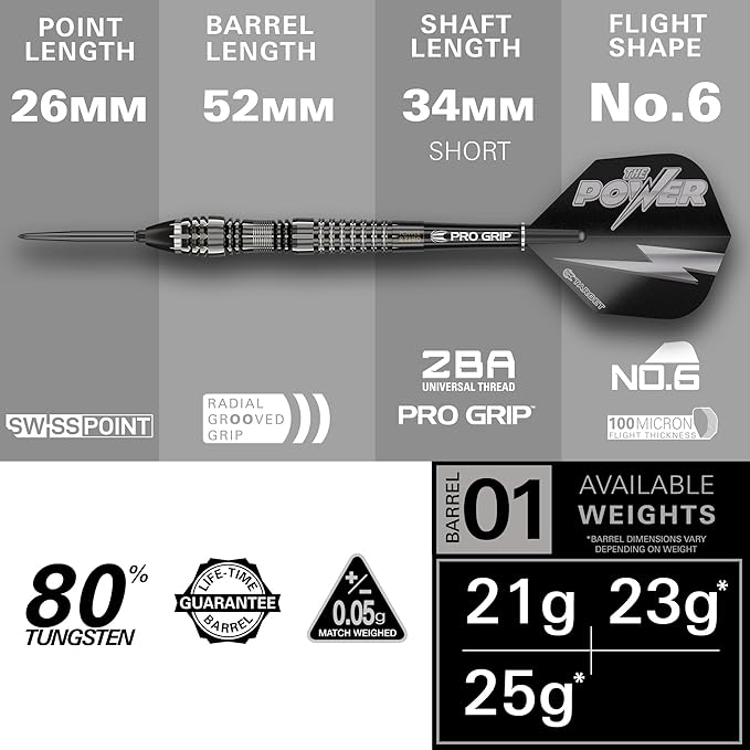 TARGET Darts Phil Taylor Power 8-Zero 4 Black Steel Tip Darts, 80% Tungsten Dart Set, P8Z4, 21G/23G/25G | Player Edition Darts with Swiss Point Tips or Fixed Points | Black Darts Case Included