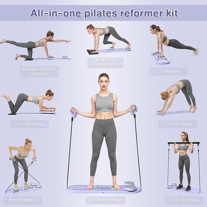 Pilates Board, Pilates Reformer Set, 15 in 1 Multi-Purpose Foldable Pilates Reformers Equipment, Portable Pilates Reformer Machine, Home Pilates Kit for Home Workout, Ab Pilates Board for Women