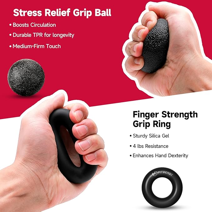 FitBeast Hand Grip Strengthener Workout Kit (5 Pack), 2 Forearm Grip Adjustable Resistance Hand Gripper, Finger Stretcher, Grip Ring & Stress Relief Grip Ball for Athletes