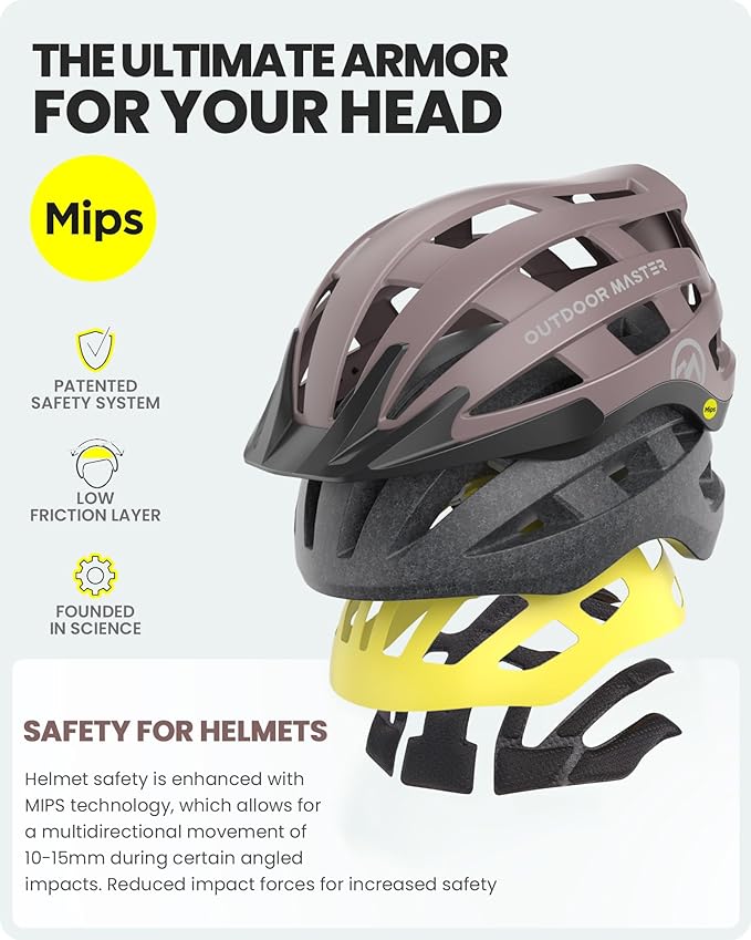 OutdoorMaster Gem II MIPS Bike Helmet with Light - Lightweight Cycling Helmet,Mountain Road Bicycle Helmet for Youth & Adult