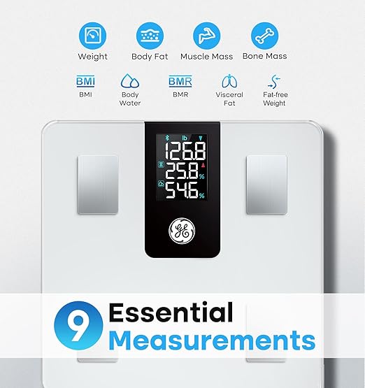 GE Smart Scale for Body Weight BMI Fat Muscle Mass with All-in-one LCD Display, Digital Bathroom Weight Scale Bluetooth Body Composition Monitor with App, Accurate Weighing 400lb White