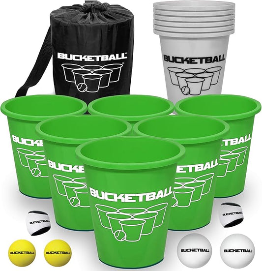 BucketBall | Team Color Edition | Combo Pack (Green/Silver): Original Yard Pong Game: Best Camping, Beach, Lawn, Outdoor, Family, Adult, Tailgate, Jumbo, Giant Game