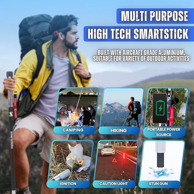 Tactical Walking Stick Staff Self Defense Stun Gun, 2 Bright LED Light Modes, Military Grade Aluminum, USB Charging Port/Fan, Outdoor Adventures, Trekking, Survival Hiking Tactical Tool