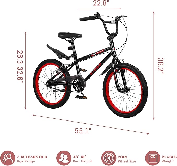 20 Inch Freestyle BMX Bike Bicycles, 20 Inch Boys Bikes Kid Bicycle for 7-12 Years Old Kid and Beginner Level Rider, Single Speed, Outdoor Cycling Bike Kids Mountain Bike, Multiple Colors