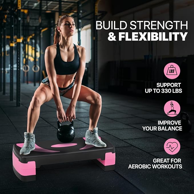 Aerobics Stepper Platform for Exercise Adjustable Compact Workout Step for Cardio, Core and Strength Training