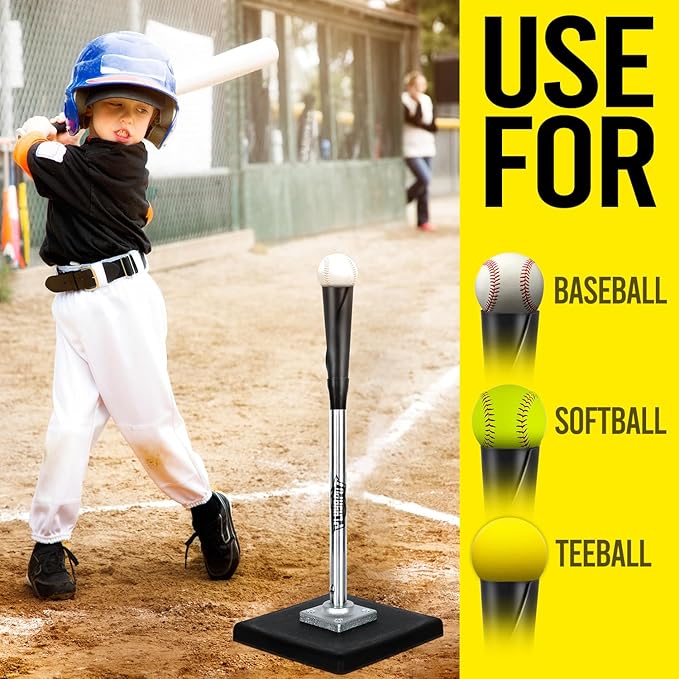 Portable Batting Tee for Baseball/Softball, Height Adjustment from 25-37 inch,Easy Transport Premium Baseball Tee with Rubber Top,Heave Duty Base Hitting Tee for Kids/Youths/Adults