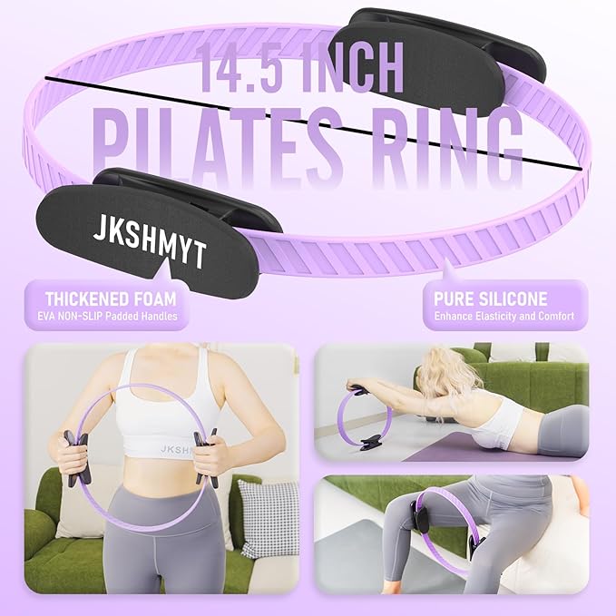 JKSHMYT Pilates Ring-14.5" Home Pilates kit with Padded Handles, Mini Ball, Resistance Bands, Guide & Bag, Better me Pilates Essentials Circle Set for Workouts Women