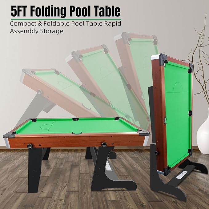 60-Inch Compact Folding Pool Table - No Assembly Required with Full Set of Balls, 2 Cues, Chal k and Brush for Indoor Family Games