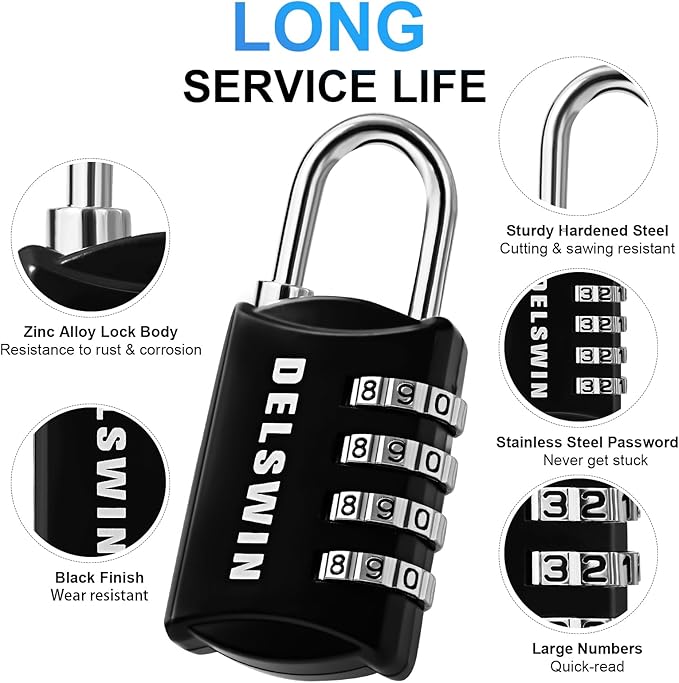 DELSWIN 4-Digit Gym Locker Lock - 8 Resettable Combo Locks for Toolbox, School Locker, Travel Luggage, Backpack, Gate, Shed