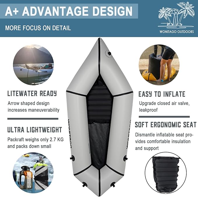 Packraft TPU Inflatable Travel Kayak with Soft Seat Lightweight Packrafts for Flat Water Rafting/Bicycle Drifting/Litewater Dinghy, 1 Person