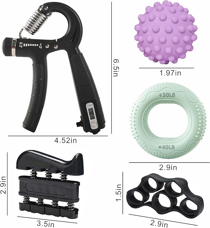 7 PCS Grip Strength Trainer Kit, Hand Gripper Strengthener, Forearm Strengthener, Finger Strengthener, Finger Exerciser, Massage ball, Forearm Workout Ring for Muscle Building and Injury Recover