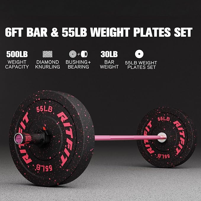 RitFit Barbell Weight Set - 4/6FT Olympic Barbell with Weight Plates (55-275LB Total) - Weightlifting Equipment for Squats, Curls, Deadlifts, Presses, Hip Thrusts