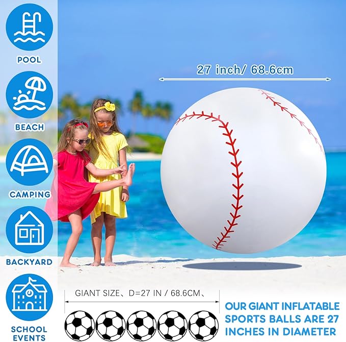 Lewtemi Giant Inflatable Sports Balls Large Inflatable Beach Ball Baseballs Soccer Rainbow Basketball Football for Sport Birthday Party Favor (3 Pcs,Soccer, Baseball, Volleyball,27 Inch)