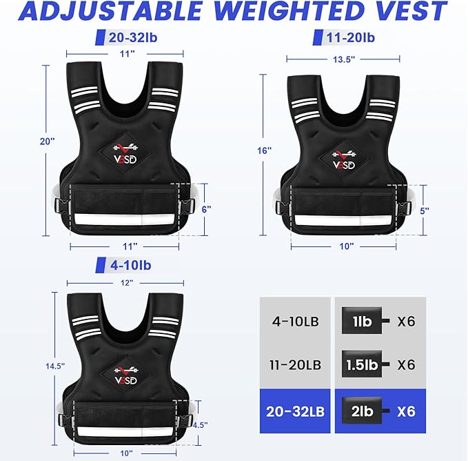 VBSD Adjustable Weighted Vest for Women Men 4-10lb/11-20lb/20-32lb Vest with 6 Ironsand Weights Body Weight Vest with Reflective Strip for Running Walking Strength Training Workouts
