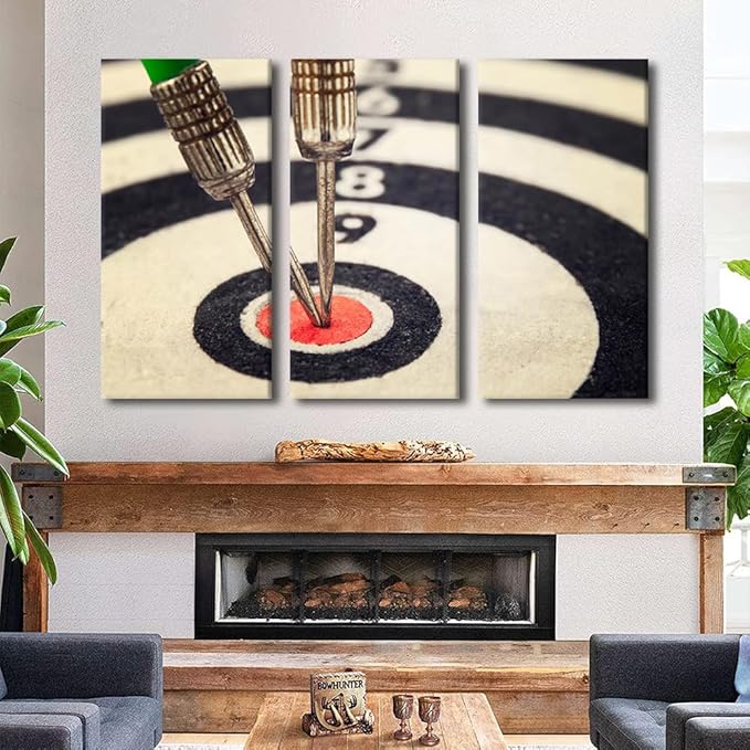 Canvas Wall Art 3 Panel Sports Theme Paintings Wall Art Dart Hits the Bullseye Pictures Dart Board Print on Canvas Wall Decor for Bar Club Bedroom Stretched and Framed Ready to Hang(40"Wx60"H)