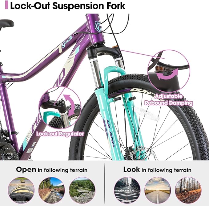 HILAND 20 26 27.5 Inch Mountain Bike for Women Girl, 7/21 Speed with Lock-Out Suspension Fork, Aluminum Frame MTB, Adult Ladies Womens Bike Mens Bicycle