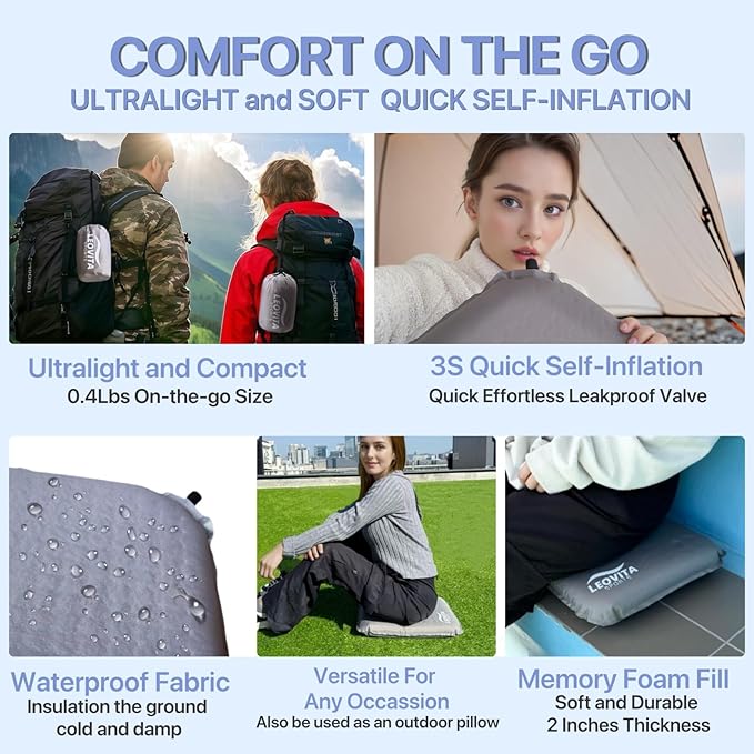Inflatable Seat Cushion Lightweight Self-Inflating Memory Foam Cushion for Stadium Camping Bleachers Airplane Travel Waterproof Portable Blow Up,Gray