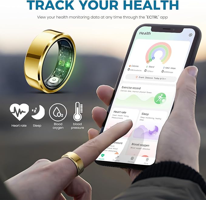 Smart Ring for Women Men Fitness Tracker with Blood Pressure,Heart Rate,Sleep Monitoring,Step Counting,for iPhone and Android,Waterproof smart blood pressure monitor,No Subscription Fees,Gold 11 size