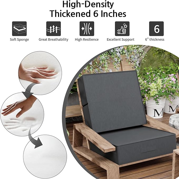 6 Inch Thick Foldable Deep Seat Cushion, 2 PCS 23 x 26 Inch Outdoor Water & Fade Resistant Olefin Patio Furniture Replacement Chair Cushion, with Removable Cover, Handle and Straps, Dark Gray