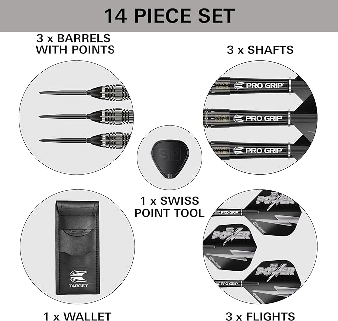 TARGET Darts Phil Taylor Power 8-Zero 4 Black Steel Tip Darts, 80% Tungsten Dart Set, P8Z4, 21G/23G/25G | Player Edition Darts with Swiss Point Tips or Fixed Points | Black Darts Case Included