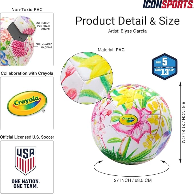 Icon Sports Officially Licensed U.S. Soccer Federation Size 5 Soccer Ball | Crayola & Fox Sport Collaberation Flower Ball by Elysa Garcia