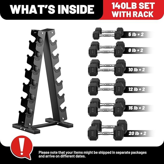 PAPABABE Dumbbell Set with Rack, Rubber Encased Hex Dumbbell Free Weights Dumbbells Set with Storage Rack, Home Weight Set