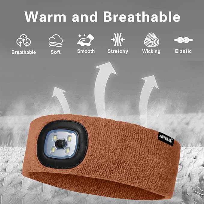 ATNKE 4 LED Lighted Sport Sweatband,USB Rechargeable Running Head Band Lamp High Stretch Wicking Gifts for Men and Women