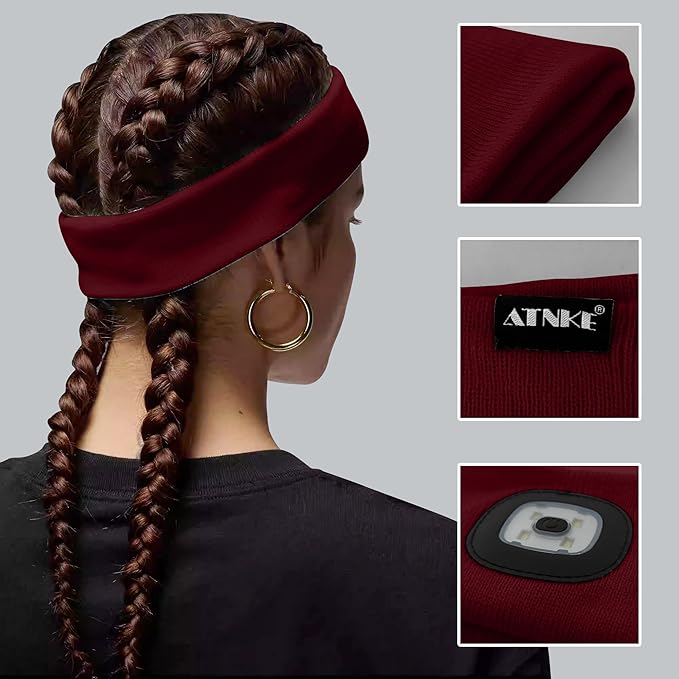 ATNKE 4 LED Lighted Sport Sweatband,USB Rechargeable Running Head Band Lamp High Stretch Wicking Gifts for Men and Women