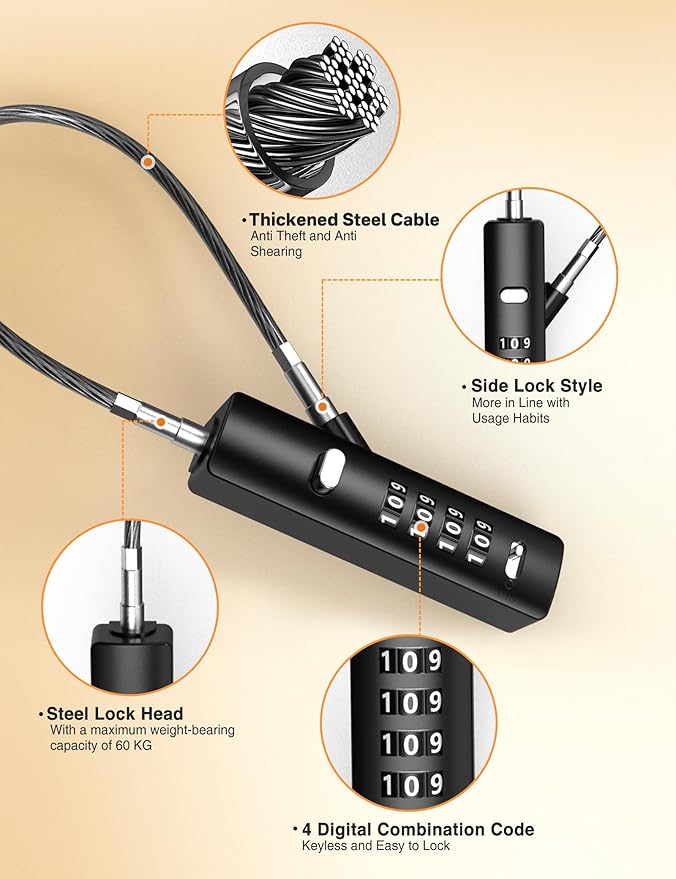 4-Digit Combination Cable Luggage Lock with 3 Interchangeable Steel Cables (9"/24"/47") – for Bike, Backpack, Gym, Cabinet, Gate (Black, 1 Pack)