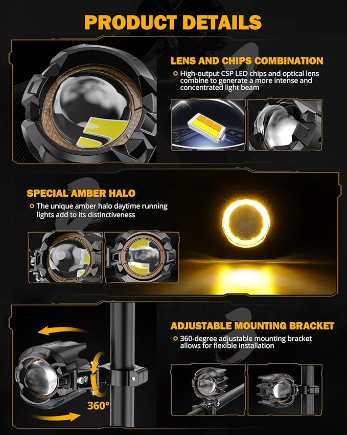 Auxbeam Motorcycle Auxiliary Lights Fog Lights LED Driving Light Spotlight with Halo DRL, White/Amber 8 Modes Dual-Color Strobe LED Offroad Work Lights for Motorcycle SUV ATV Trucks
