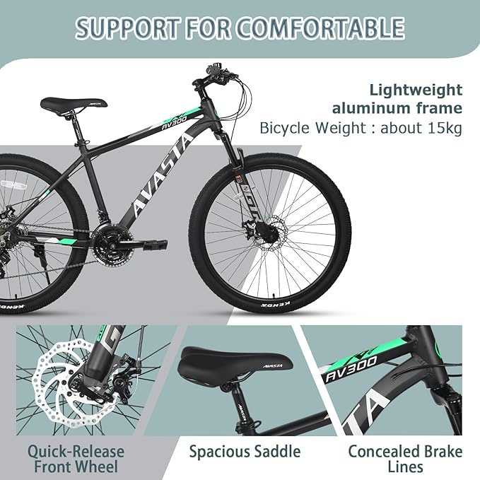 AVASTA AV300 26 27.5 inch Mountain Bike with 21-Speed，Aluminum Frame, Dual Disc Brake, Comfortable Saddle,Multiple Colors