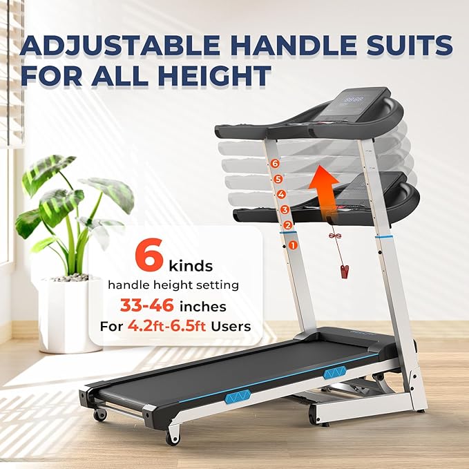 WELLFIT TM007 Auto Incline Treadmill, 4.0HP Heavyduty Treadmill for 400lbs+ Capacity, Adjustable Height for 5'2"- 6'4" Users, 95% Assembled, LED Console, 45*18 Large Area, 8.7MPH, Foldable Space Saver