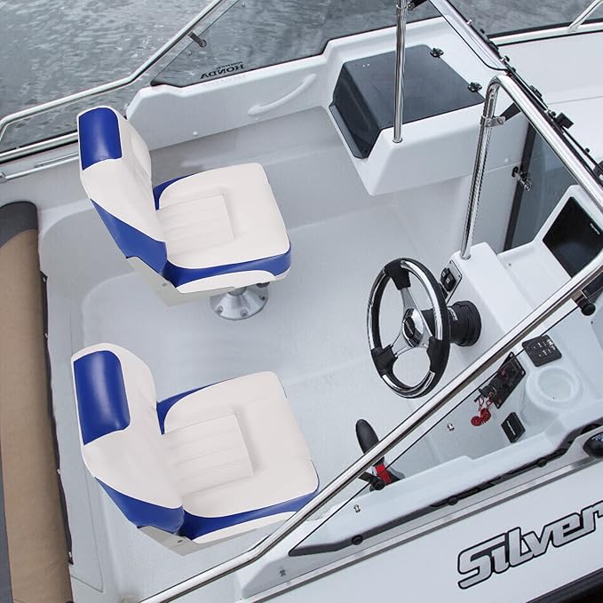 PEXMOR Boat Seats Low/High Back, Folding Boat Seat Included, Fold-Down Fishing Boat Seats Waterproof Captain Boat Seat w/Aluminum Hinges & Thick Soft Cushion, 2 Packs (Low Back-Blue & White)