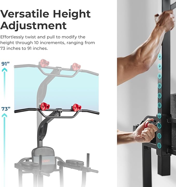 Sunny Health & Fitness Power Tower, Dip Bar, Push-Up & Pull Up Assisting Parallette Station w Optional Rock Climbing Grip Trainer